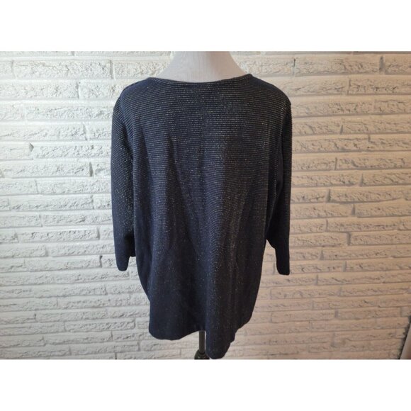 Basic Editions Womens Top 2X Plus Knit Blue Stripe Sequins Embroider STR160E - Picture 6 of 9